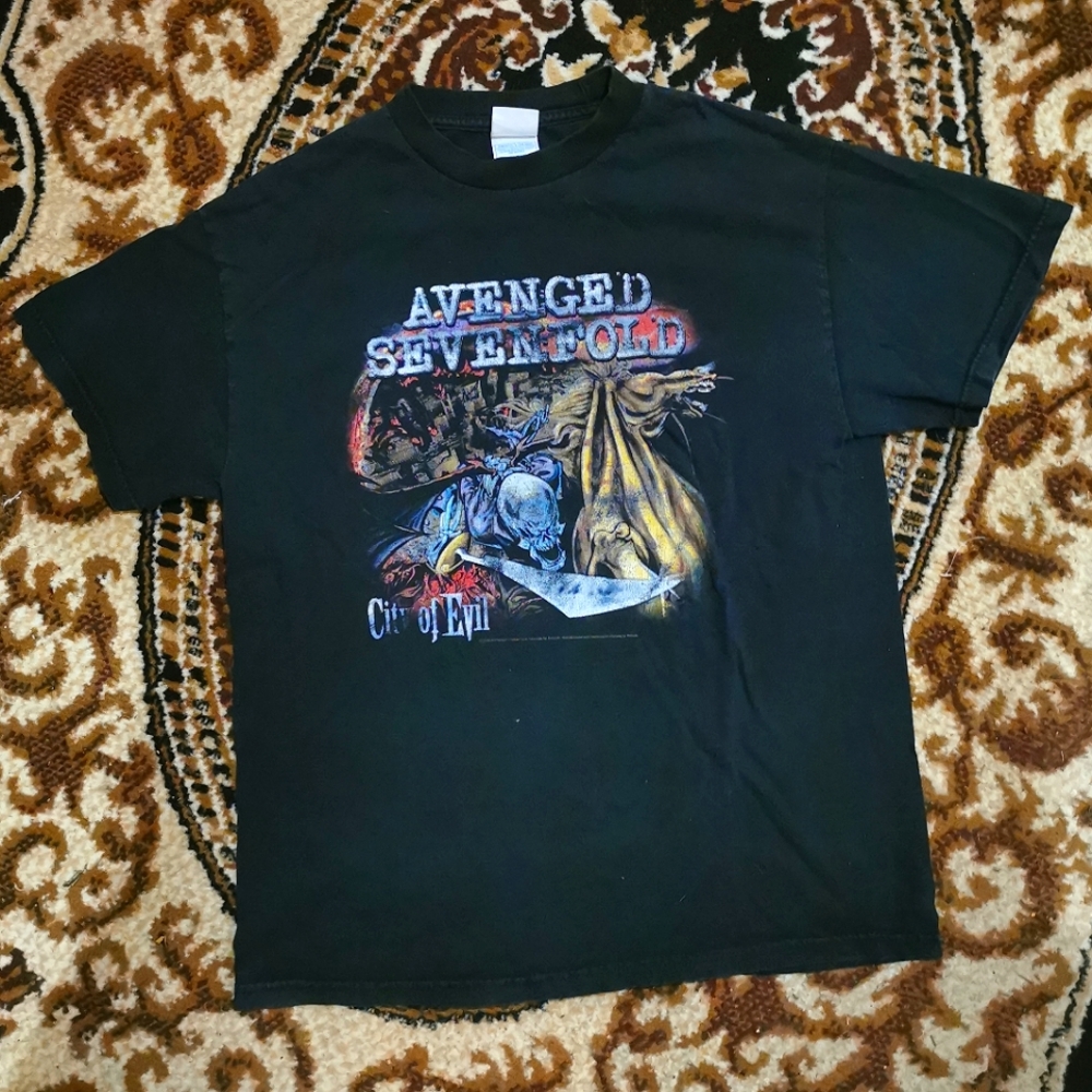 Rare Avenged Sevenfold City of Evil Black Graphic Band Tour Tee T-shirt Metal